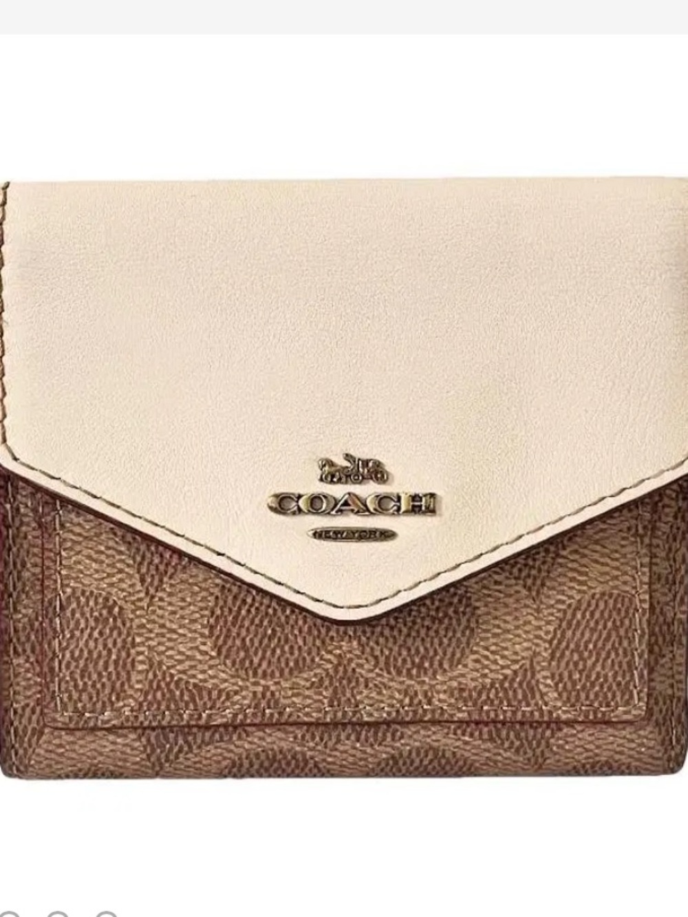 Coach Two-Tone Leather Wallet in Cream and Brown Signature Canvas